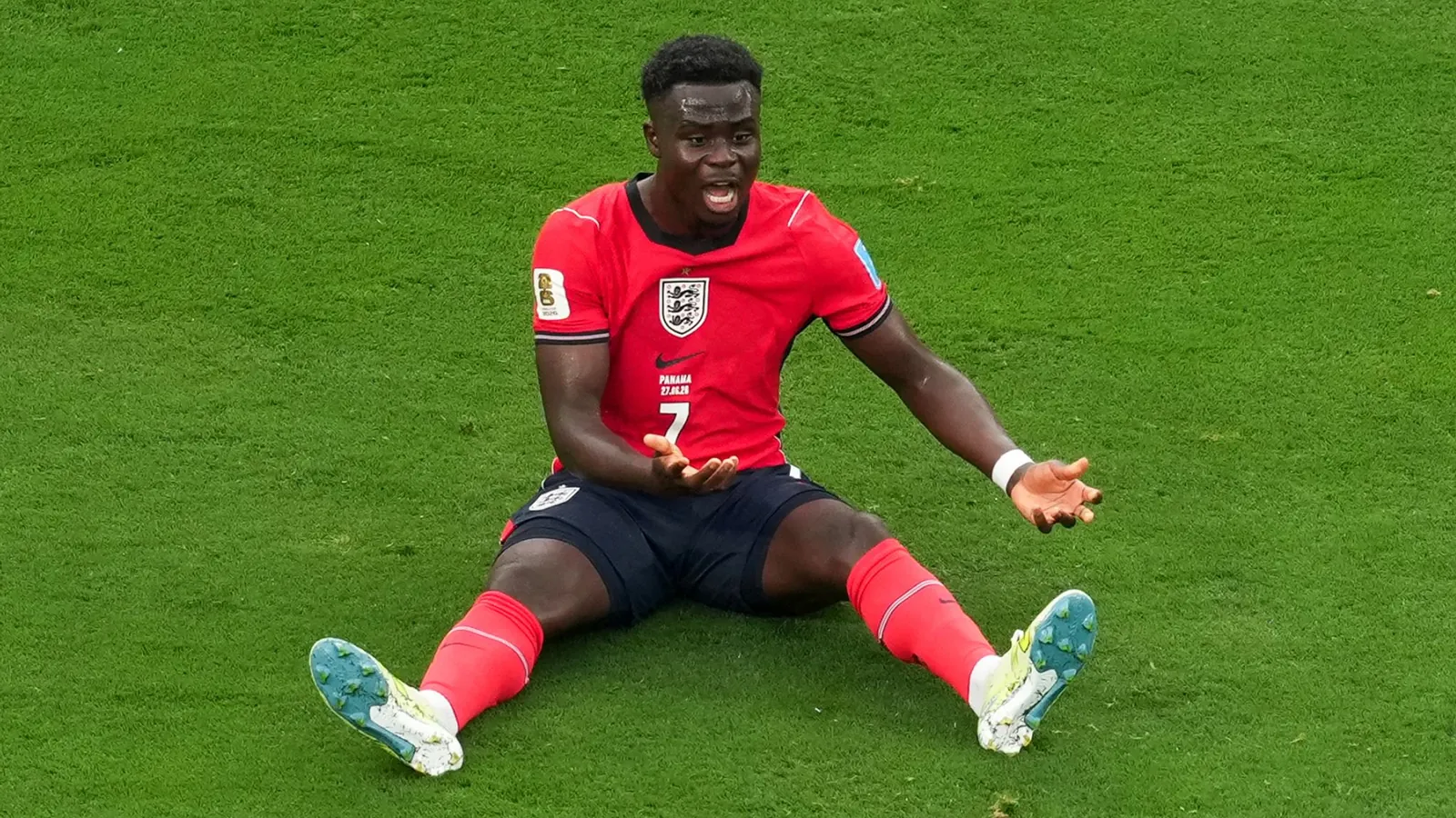 Bukayo Saka protests a decision during England's final group match against Panama