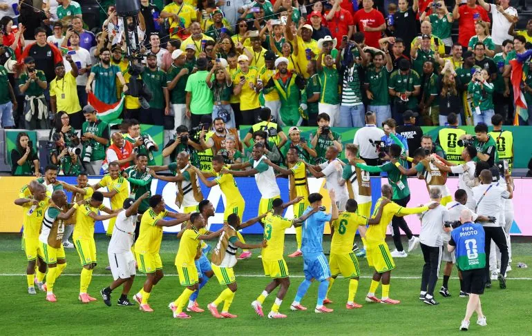 Soccer Football - FIFA World Cup 2026 - Group A - South Africa v South Korea - Estadio Monterrey, Monterrey, Mexico - June 24, 2026 South Africa players celebrate after the match REUTERS/Raquel Cunha TPX IMAGES OF THE DAY