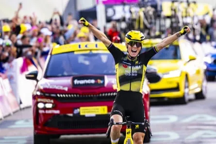 Pauline Ferrand-Prévot celebrates as she wins the eighth stage of the Tour de France Femmes in 2025