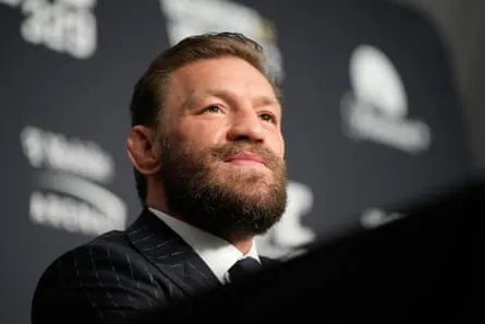 Irish mixed martial artist Conor McGregor speaks during a news conference on Wednesday ahead of his first fight in five years on Saturday night in Las Vegas.