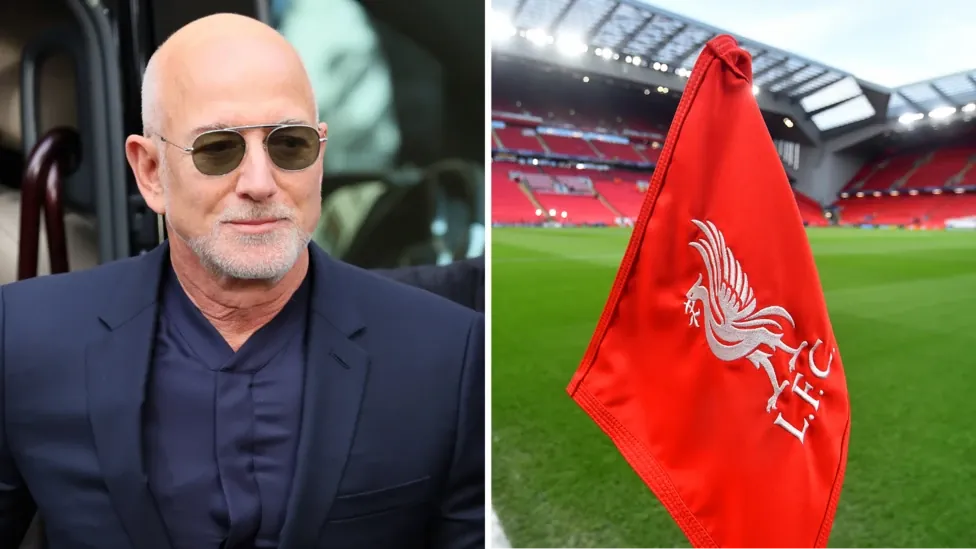 Amazon founder Jeff Bezos and a picture of a corner flag at Liverpool