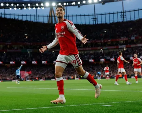 Kai Havertz celebrates scoring the opening goal for Arsenal.