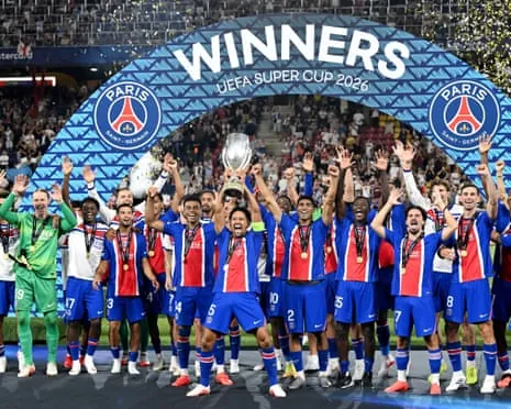 Paris-Saint Germain's Marquinhos lifts the Super Cup.